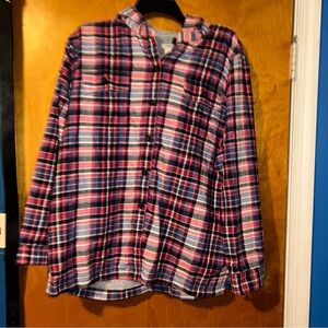LL BEAN Fleece Lined hooded Flannel Shirt shacket Women XL Plaid Button Up Pink